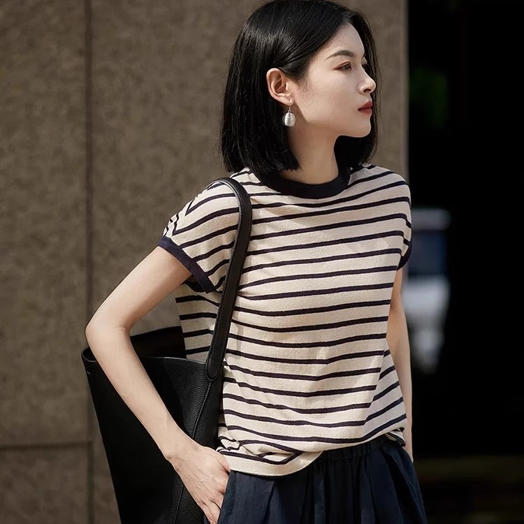 线谱条纹针织短袖女圆领经典条纹天丝T恤包肩袖时尚显瘦薄款上衣