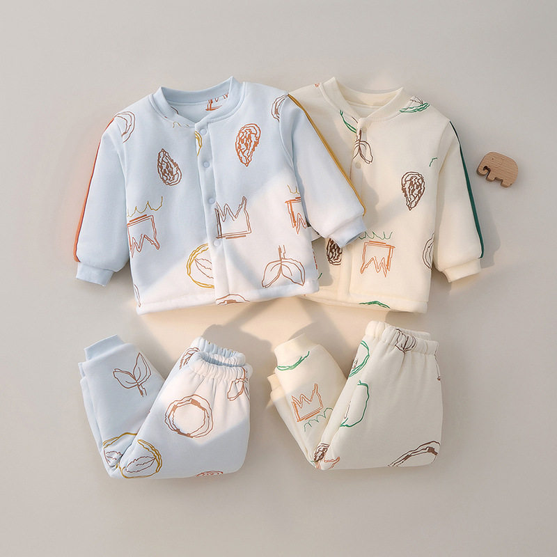 颗粒熊婴儿衣服套装纯棉秋冬夹棉儿童内衣加厚保暖轻柔棉裤外出服