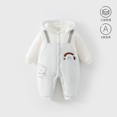 婴儿冬季加厚连体衣卡通连帽宝宝哈衣可爱小熊夹棉保暖外出服300g