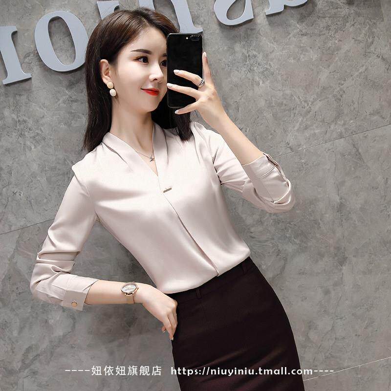 职业装V领衬衫女长袖新款韩版修身气质大码上衣工作服衬衣OL工装