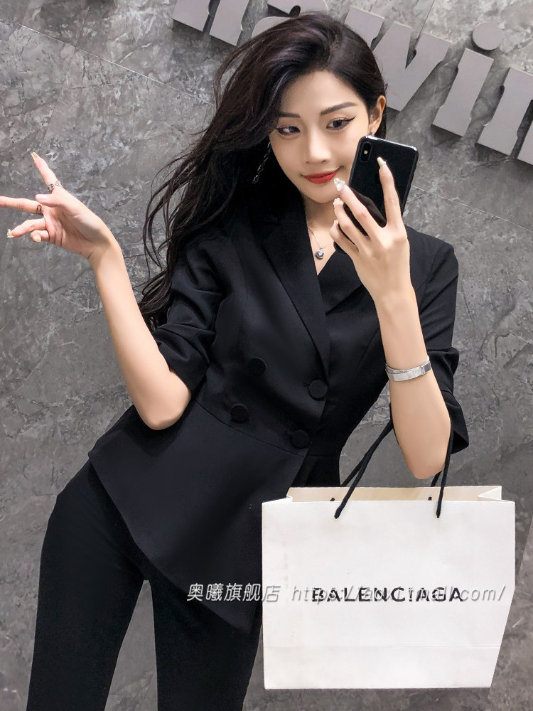 西装女职业正装套装高端总经理工作装黑色七分袖不规则气质工装
