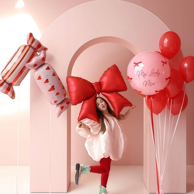 圣诞爱心条纹卡通糖果铝膜气球大红色蝴蝶结新年背景墙布置装饰品