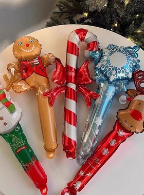 圣诞节气球套装迷你拐杖糖雪人麋鹿铝膜手持棒棒气球派对装饰用品