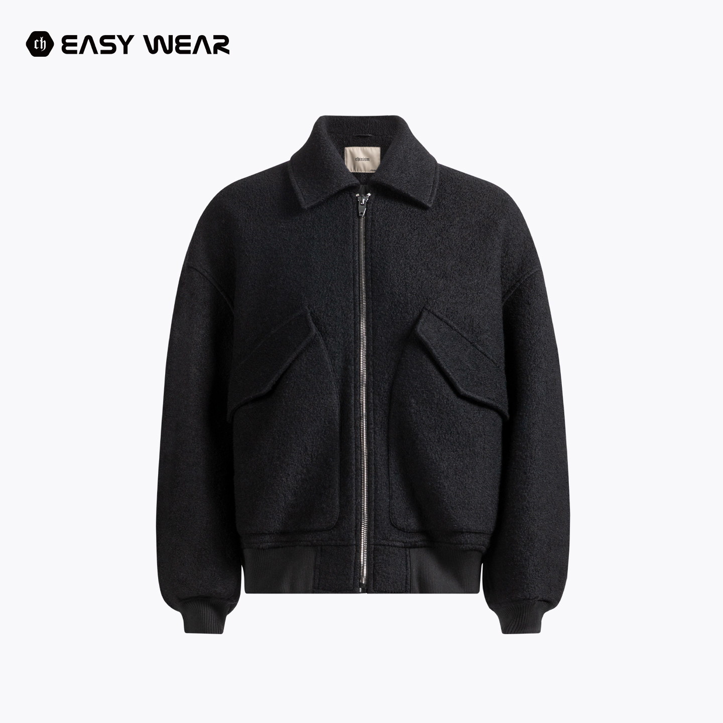 CH丨黑色翻领毛呢外套男冬季新加绒加厚宽松复古休闲飞行夹克棉服