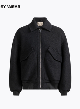 CH丨黑色翻领毛呢外套男冬季新加绒加厚宽松复古休闲飞行夹克棉服