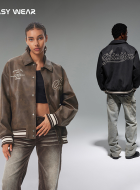 CH丨黑色美式PU皮棒球夹克男秋季新款高街潮牌休闲男翻领皮衣外套