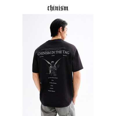 Chinism CAS印花重磅短袖T恤男夏季男士美式黑色轻薄透气纯棉半袖
