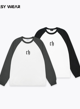CH丨插肩袖撞色圆领长袖T恤男秋美式潮牌高街简约印花内搭打底衫