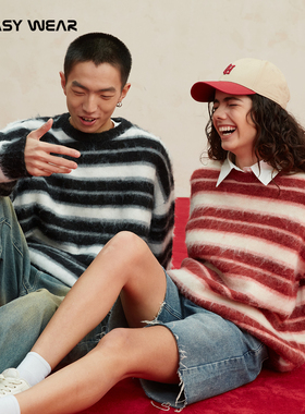 CH丨红色条纹针织衫男秋季新款美式复古宽松慵懒内搭情侣圆领毛衣