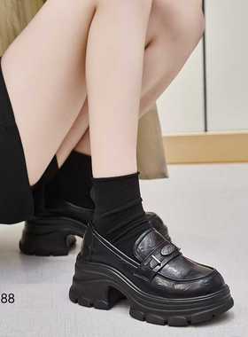 浦发软厚底中高跟单鞋2025秋新款小皮鞋55088软皮方头椭圆扣女鞋
