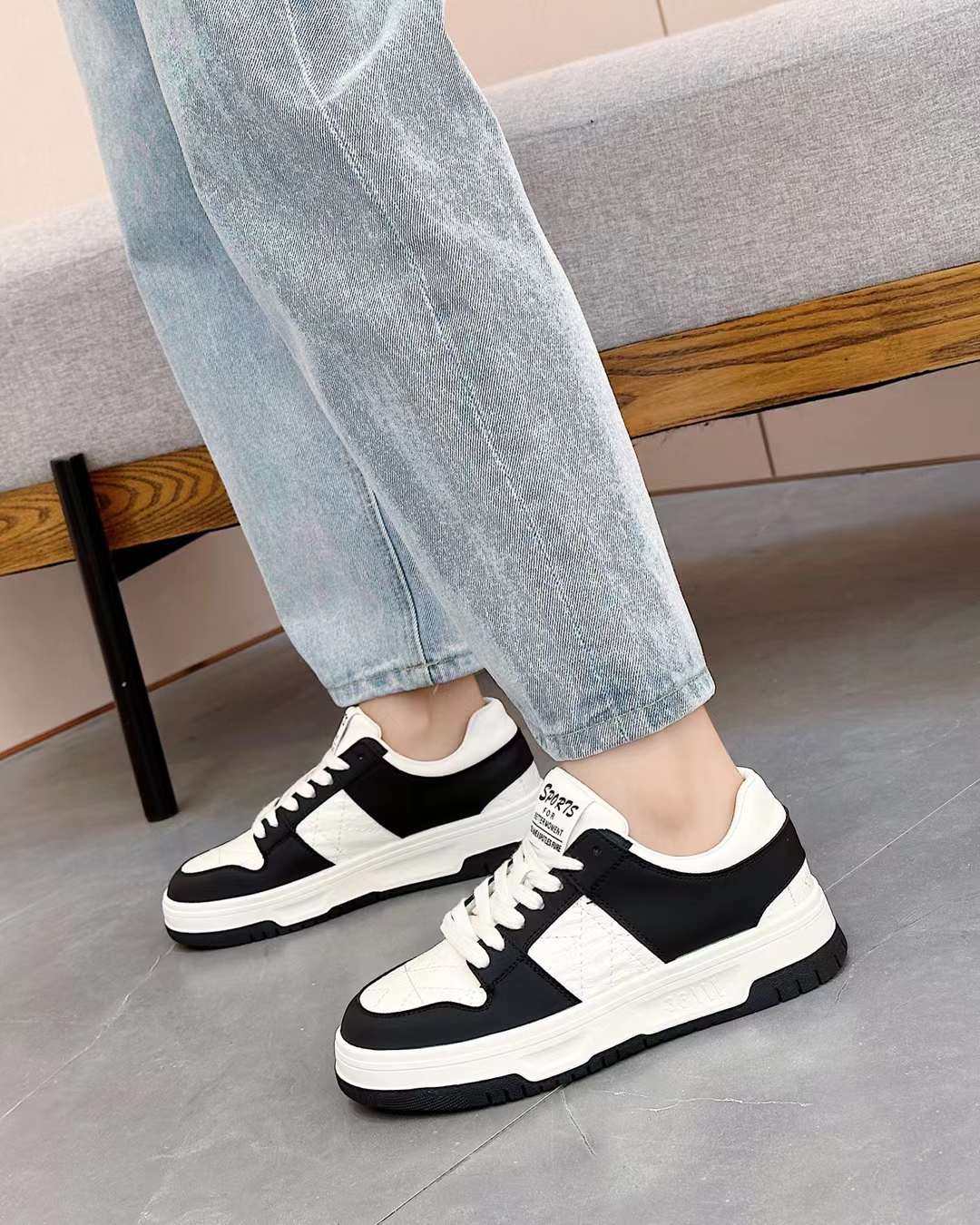 巨日牛皮拼色老爹鞋2023春季款女鞋2412127平底小板鞋系带休闲鞋