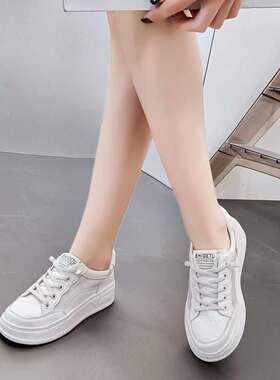 巨日软真皮侧网面低跟小白鞋2024春新款2521116圆头系带女休闲鞋