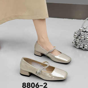 南王方头单鞋低跟软底2025秋新款8806-2闪亮软皮一字带扣镶钻女鞋