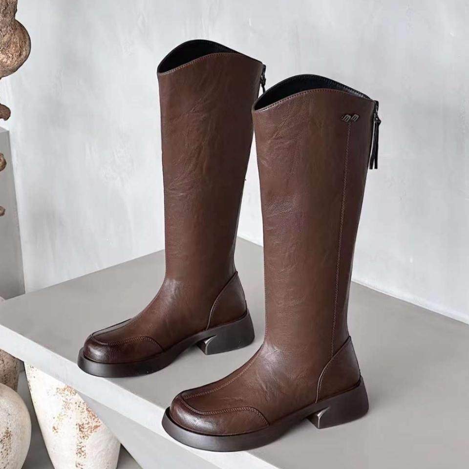 巨日软皮中分线长筒靴女靴2024冬款2556133软低跟加绒不过膝高靴,女鞋,时装靴,淘宝优惠券,粉丝福利购,淘宝优惠卷