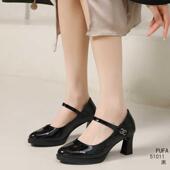 51011漆皮一字带魔术贴钻扣单鞋 浦发51012哑光粗高跟女鞋 2025春款