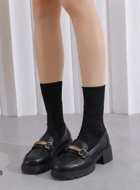 浦发中跟软底女鞋2024春款19068软哑光皮小皮鞋方头金色扣链单鞋