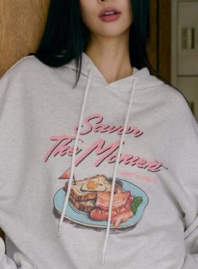 许路儿LUREHSU正品代购R242041早餐盘印花连帽卫衣灰色印花宽松