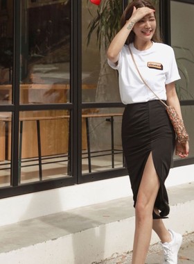 许路儿lurehsu正品代购R221143抓皱黑色高腰侧开衩小温柔长裙