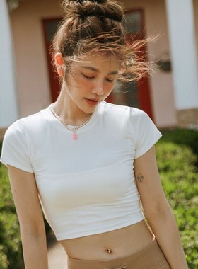 许路儿LUREHSU正品代购R221091露腰夏季白色薄款后绑带短圆领T恤