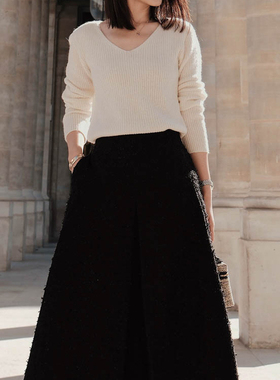 JNFR by Jennifer 打褶花呢长裙黑色呢子半身裙春秋新品