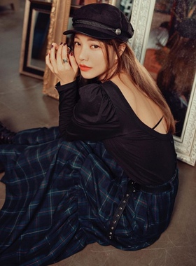 台湾许路儿正品 LURE HSU R192085 澎袖挖背合身上衣长袖露背T恤