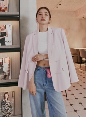 许路儿LUREHSUR231232 淡粉色双排扣西裝韩版帅帅短风衣外套