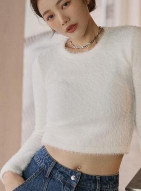 许路儿LUREHSU正品代购R232197圆领素面毛感针织上衣长袖白色毛衣