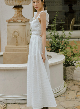 许路儿LOVFEE正品代购2510198缇花荷叶边美背长洋装白色方领裙