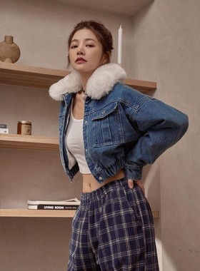 许路儿LUREHSU正品代购R222230白色毛领丹宁短牛仔加厚秋冬女外套