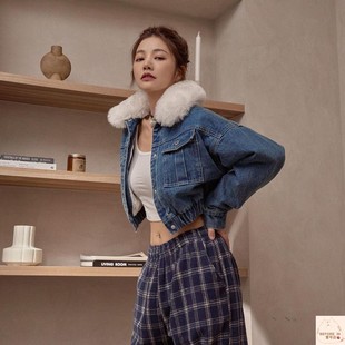 许路儿LUREHSU正品代购R222230白色毛领丹宁短牛仔加厚秋冬女外套