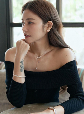 许路儿LUREHSU正品代购R232090黑色一字翻领平口针织上衣长袖毛衣