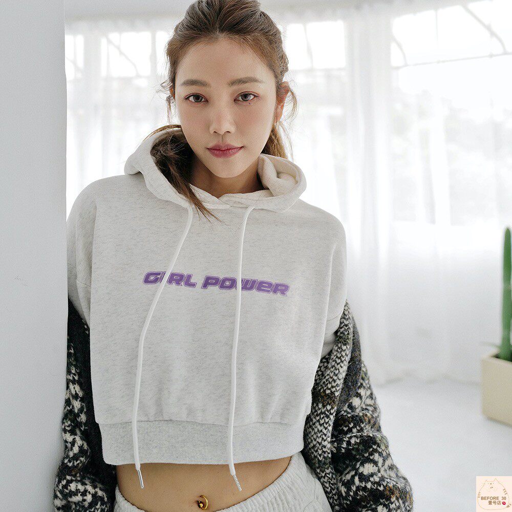 许路儿LUREHSU正品代购R222128GIRL POWER花灰色秋冬印花连帽卫衣