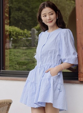 许路儿LUREHSU正品代购R241056流苏帶饰度假短洋裝蓝色条纹连衣裙