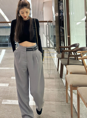 许路儿LUREHSU正品代购R232069 高腰帅气皮革饰环灰色西裝长裤