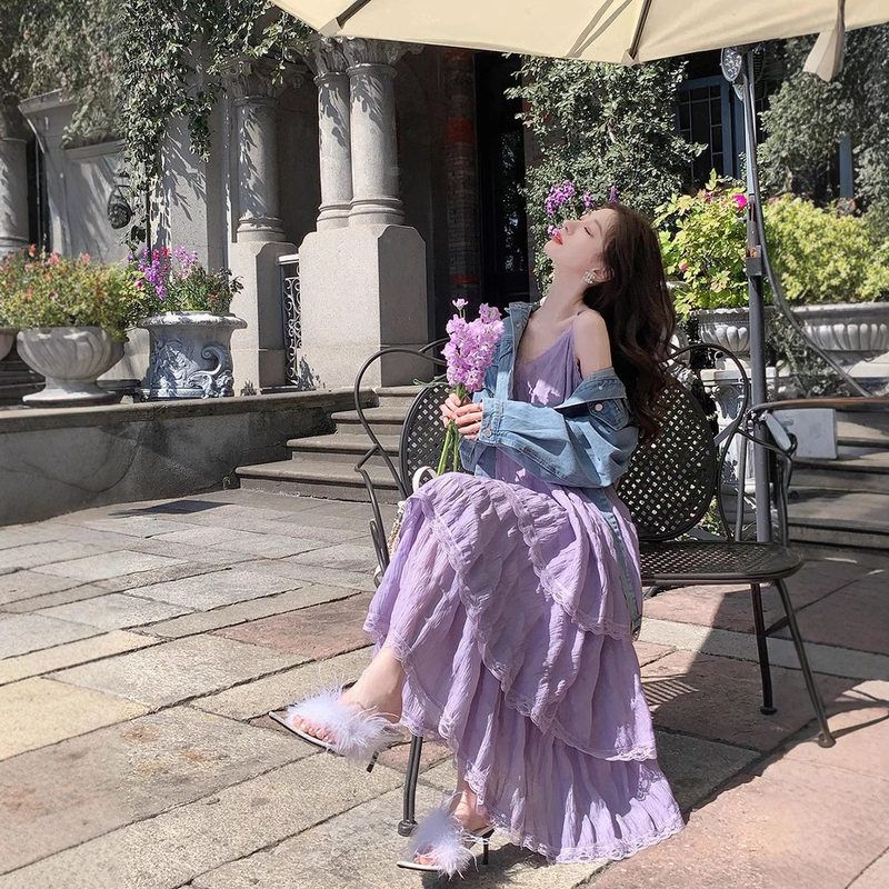 夏季新款韩版法式吊带蛋糕裙连衣裙紫色休闲显瘦吊带中长款连衣裙