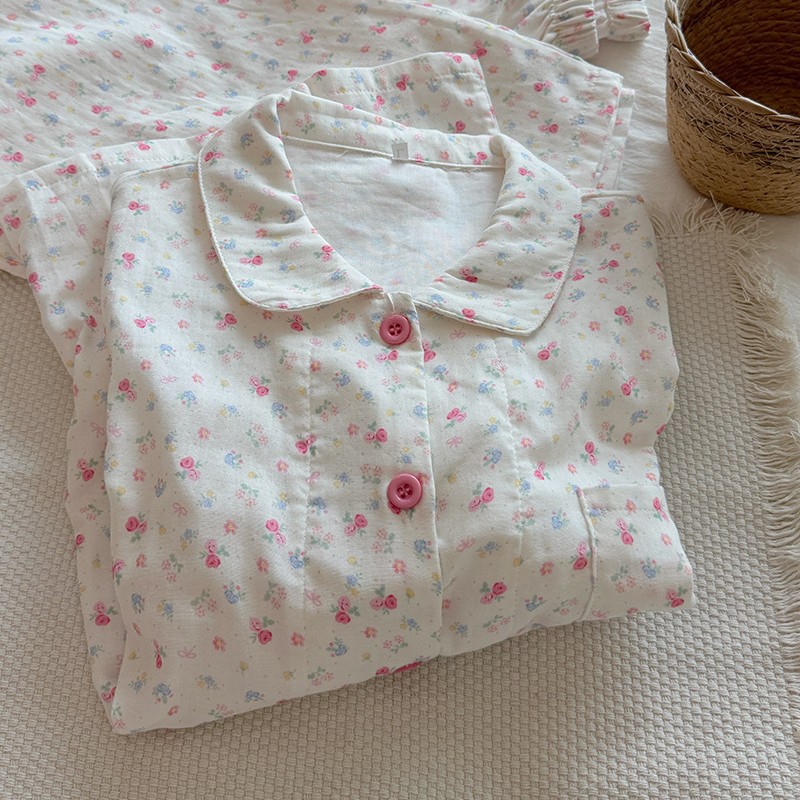 A类100%春秋季双层棉纱睡衣女长袖长裤蓝色猫咪宽松家居服学生