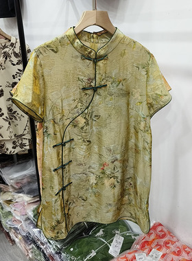 绮绣缘8073优雅真丝绸缎国风立领斜襟短袖印花丝缎上衣小衫福太太