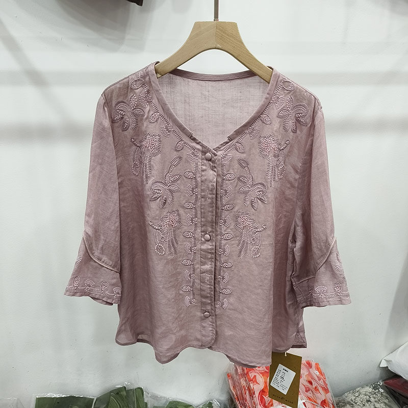 8020新中式苎麻绣花衬衫小衫女装