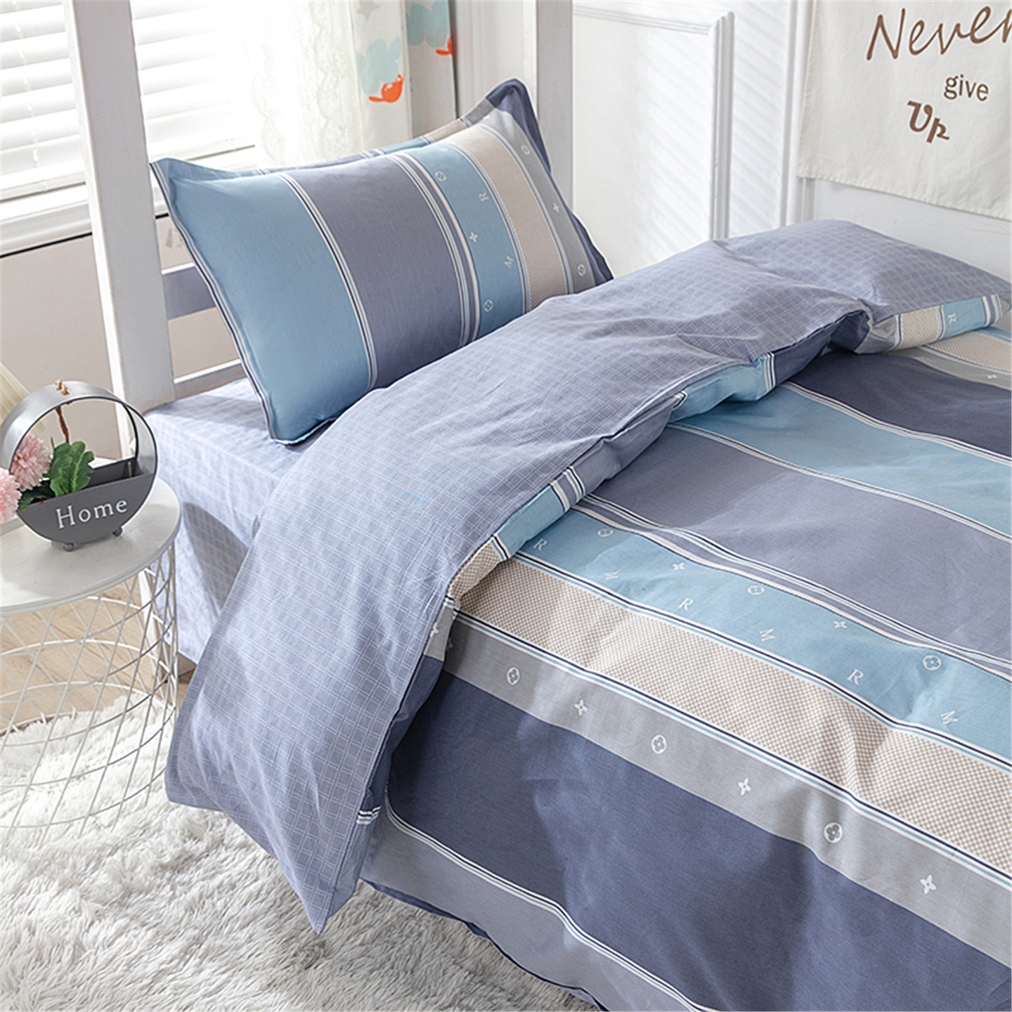 大学生宿舍床上三件套纯棉全棉单人床1米2蓝色女男生被套床单被罩