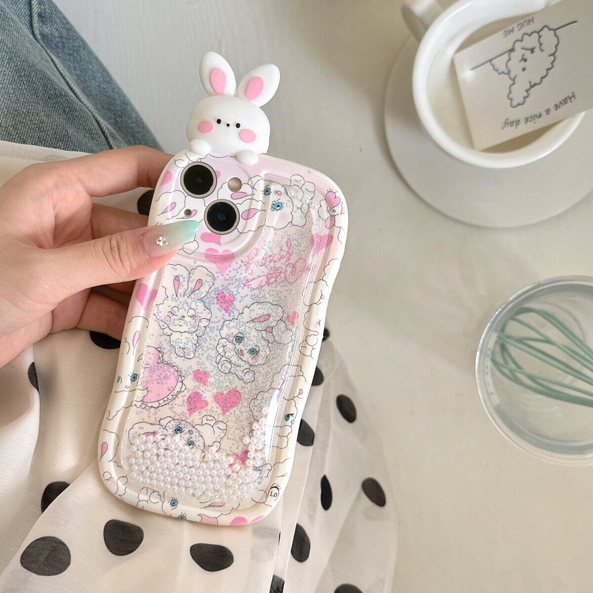 适用iphone14promax手机壳苹果13趴趴流沙粉色爱心小兔子ins可爱唯美13pro max手机套15女款网红卡