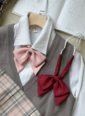 shindek JK领结衬衫女日系双层斜角酒红色校服水手服学士服领花女