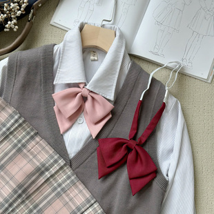 JK领结衬衫 shindek 女日系双层斜角酒红色校服水手服学士服领花女