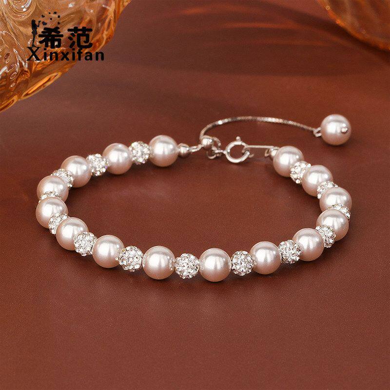 s925纯银曼塔玫瑰色珍珠手链串珠高级感小众新中式香巴拉水晶钻球