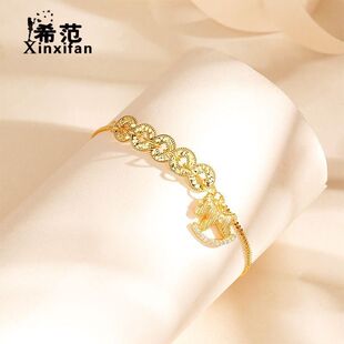 s925纯银欢乐小木马碎冰冰五帝钱手链女招财进宝新中式马上有钱