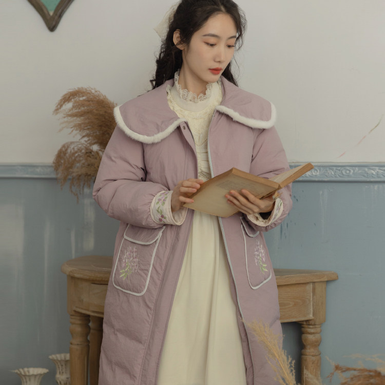 花扶原创设计羽绒服女2022新款设计感小众中长款白鸭绒显瘦香芋紫