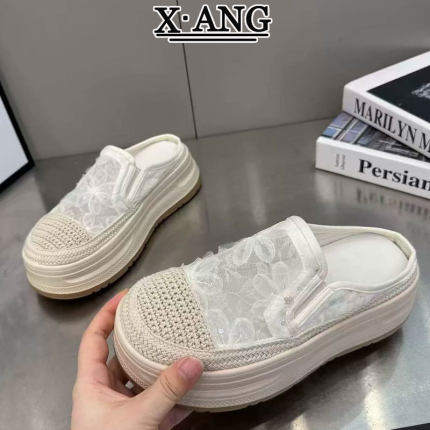 现货~小香风草编渔夫鞋子女鞋夏季蕾丝网面透气一脚蹬包头半拖鞋