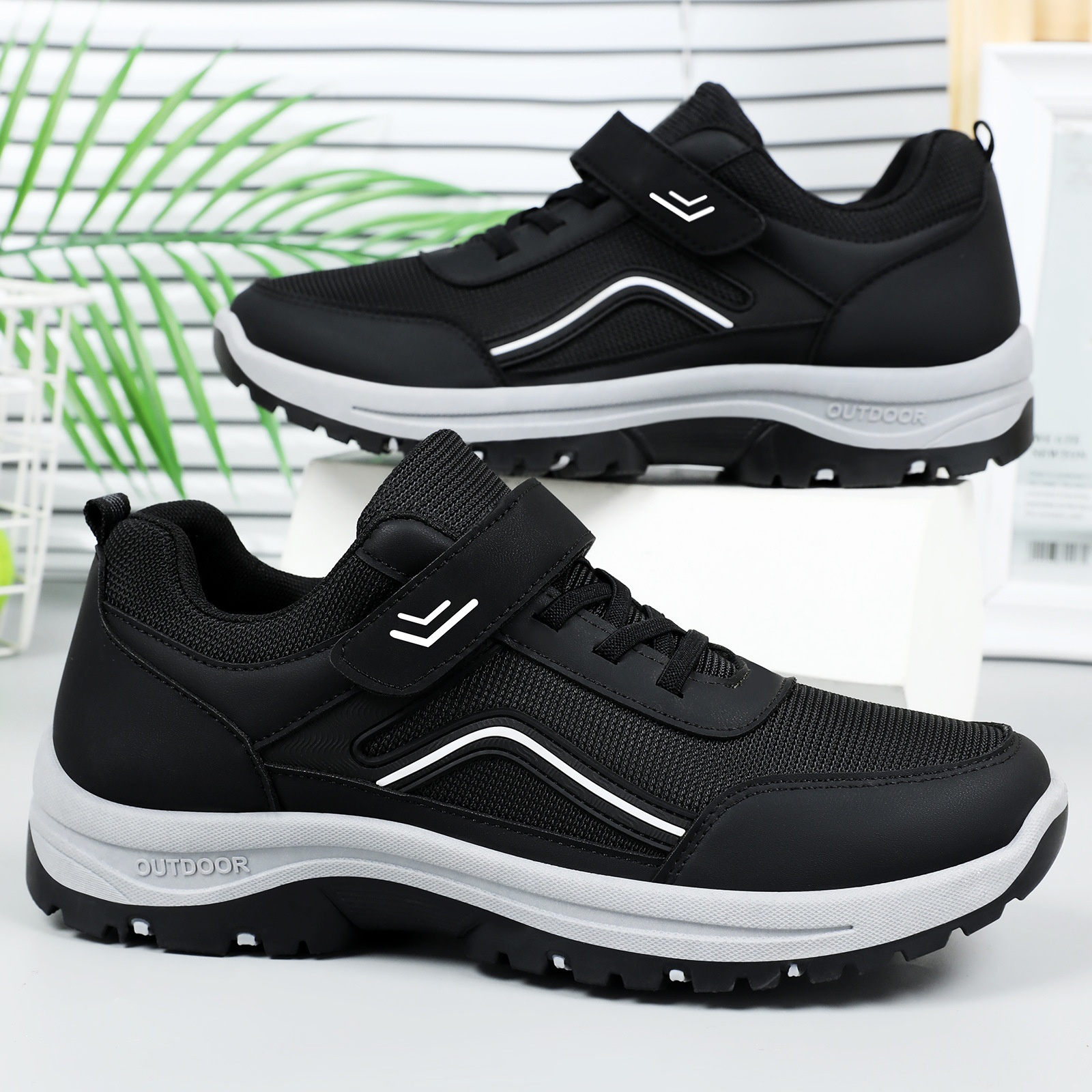 鞋子男情侣款健步鞋魔术贴厚底男鞋轻便舒适休闲鞋百搭户外网面