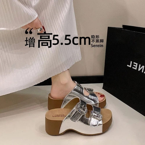 5cm增高~2026夏季勃肯凉拖鞋女小个子新双扣带双带厚底沙滩凉鞋外