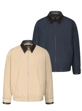 ICE UP进口高密度撞色皮领miu系卡其色藏蓝哈灵顿外套老钱风夹克