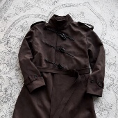 ICE UP重磅麂皮绒复古棕立领保暖阔型绑带风衣牛角扣皮绳大衣外套